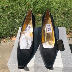 Black satin with gold and sparkled heels!